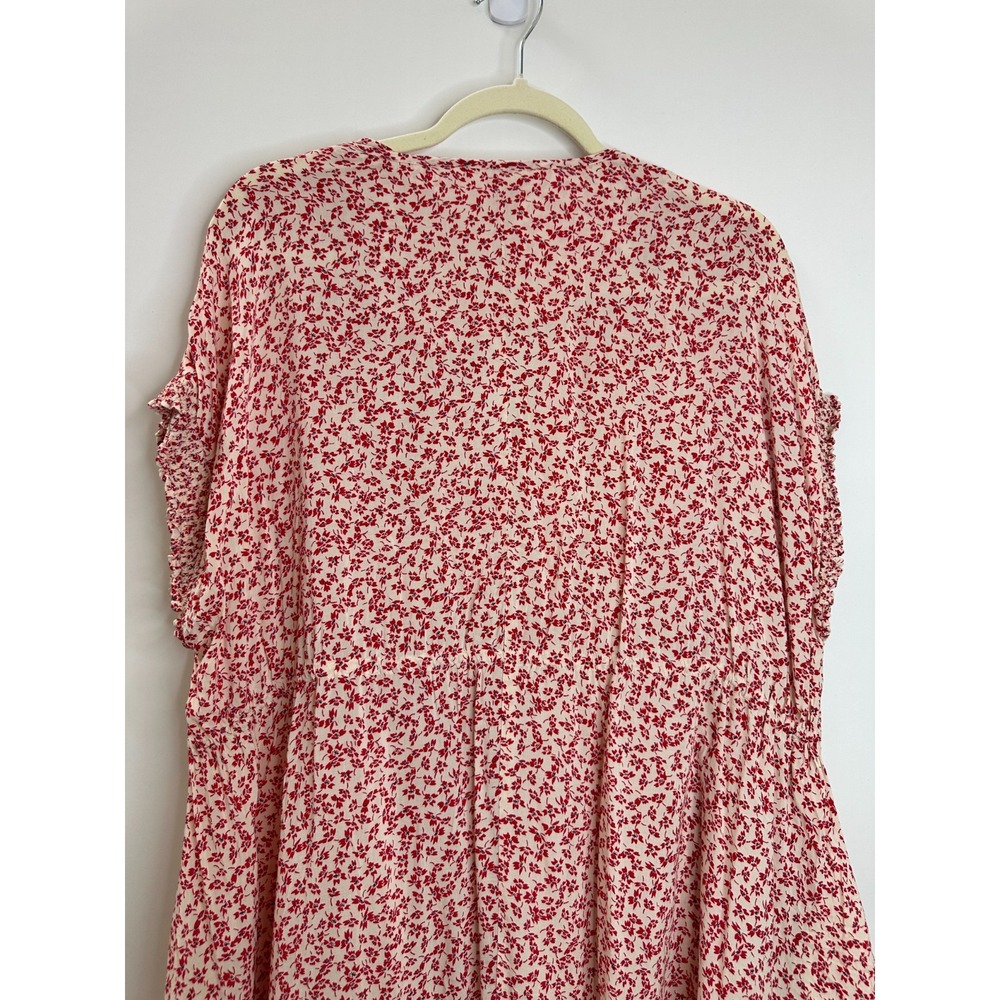 Free People One Fine Day Mini Dress Red Cream Ditsy Floral Pintuck XS Oversized - Picture 8 of 15
